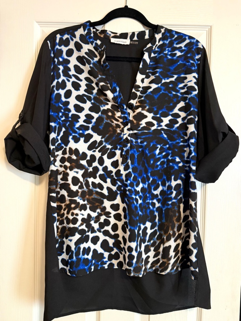 Calvin Klein Black Blouse with Blue and Brown Animal Print Front